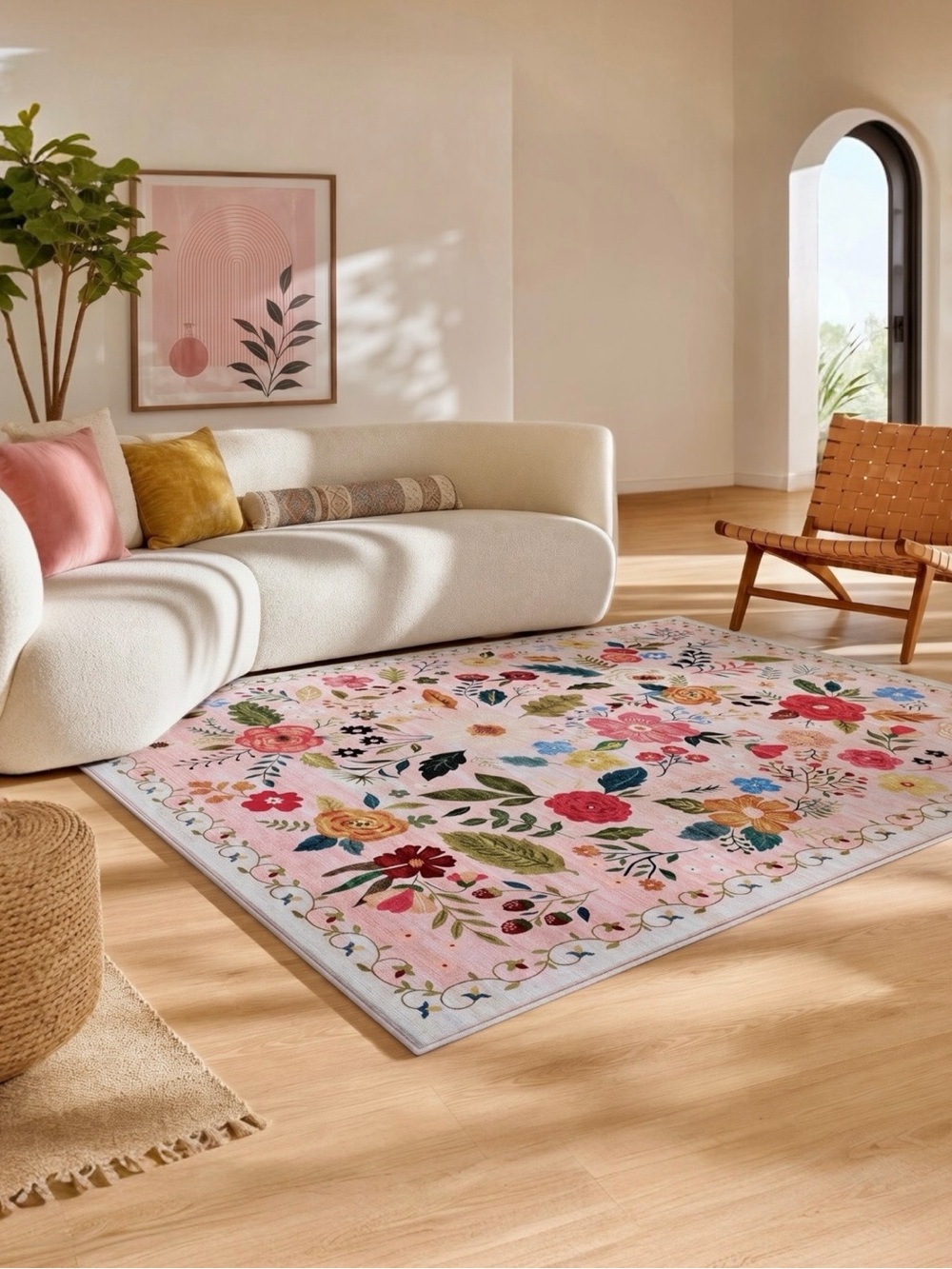 NEW Anthropologie White Floral Boho Vintage Multicolor  Area Rug Carpet 5' x 7'